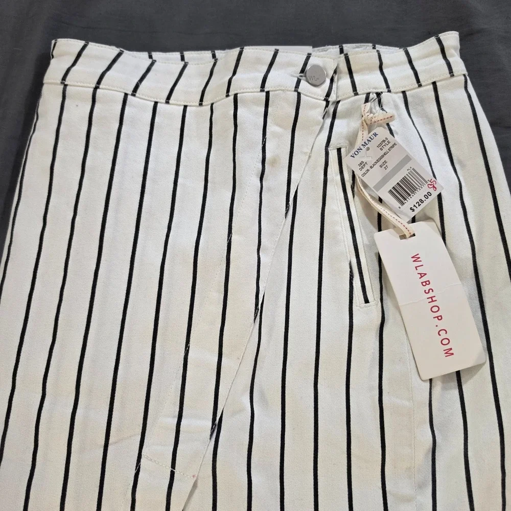 Wash Lab Denim Sally Asymmetrical Skirt 27 Black White Dtriped Midi NWT Raw Hem